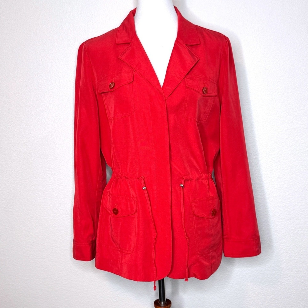 CHICOS Lightweight Button Up Jacket Sz 2 LG‎ Red Pockets Drawstring Waist Travel - Picture 2 of 9